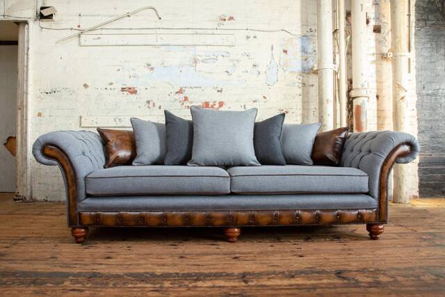 British Handmade 4 Seater Iron Grey Herringbone Wool Scatter Back Chesterfield Sofa - Antique Tan Leather Details - image 1