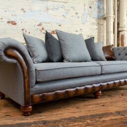 British Handmade 4 Seater Iron Grey Herringbone Wool Scatter Back Chesterfield Sofa - Antique Tan Leather Details - thumbnail 2
