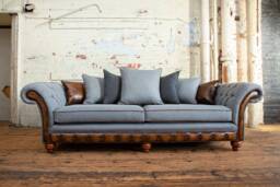 British Handmade 4 Seater Iron Grey Herringbone Wool Scatter Back Chesterfield Sofa - Antique Tan Leather Details - thumbnail 1