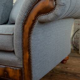 British Handmade 4 Seater Iron Grey Herringbone Wool Scatter Back Chesterfield Sofa - Antique Tan Leather Details - thumbnail 3