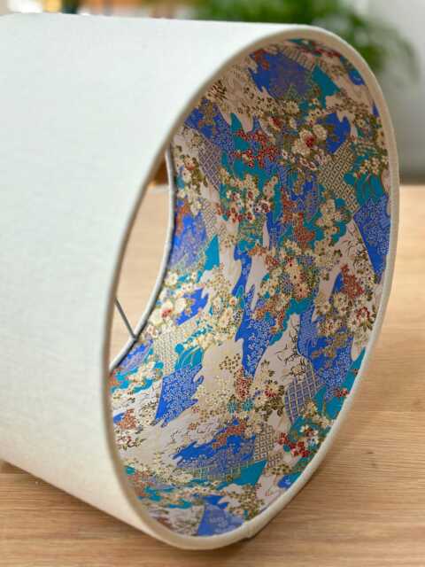 Luxury Lampshade Using Beautiful Japanese Chiyogami - Yuzen Paper Exterior Cream Linen, Interior Shades Of Blue Plus Whites, Red Highlights - image 1