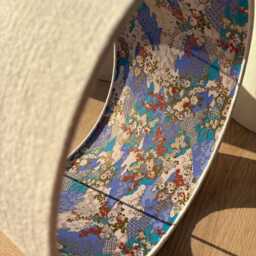 Luxury Lampshade Using Beautiful Japanese Chiyogami - Yuzen Paper Exterior Cream Linen, Interior Shades Of Blue Plus Whites, Red Highlights - thumbnail 2