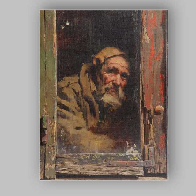 Rustic Elderly Bearded Man Window Portrait Painting Canvas Wall Art Print Decor Picture Ready To Hang - image 1
