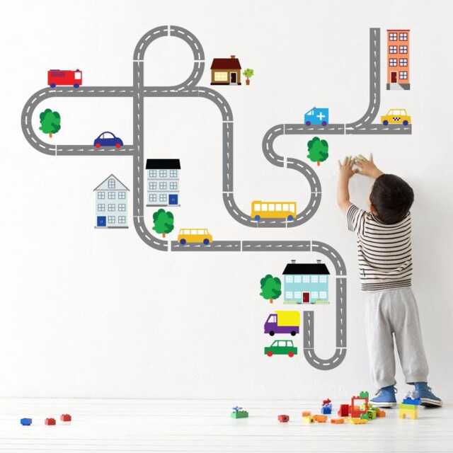 Cars Wall Decal For Boys Room, Transportation Vinyl Decal, Road Decals Bedroom, Car Theme Stickers Peel & Stick - image 1
