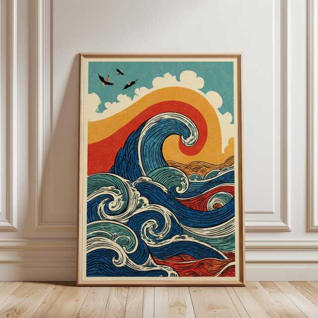 Blue Orange Wave Poster - Stylised Ocean Illustration Graphic Japanese Style Wall Art - image 1