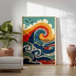 Blue Orange Wave Poster - Stylised Ocean Illustration Graphic Japanese Style Wall Art - thumbnail 3
