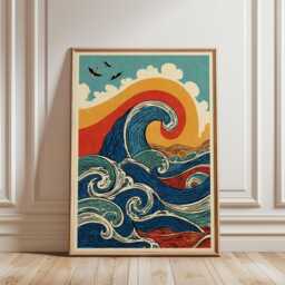 Blue Orange Wave Poster - Stylised Ocean Illustration Graphic Japanese Style Wall Art - thumbnail 1