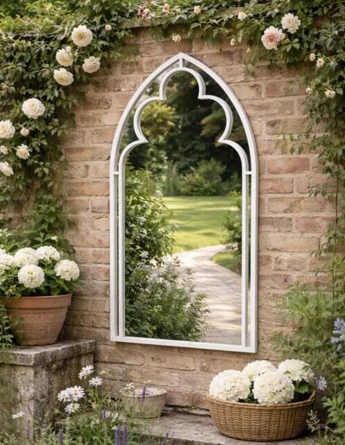 Large Arched Mirror, White Frame, Gothic Garden Wall Mirror - UK Delivery - image 1