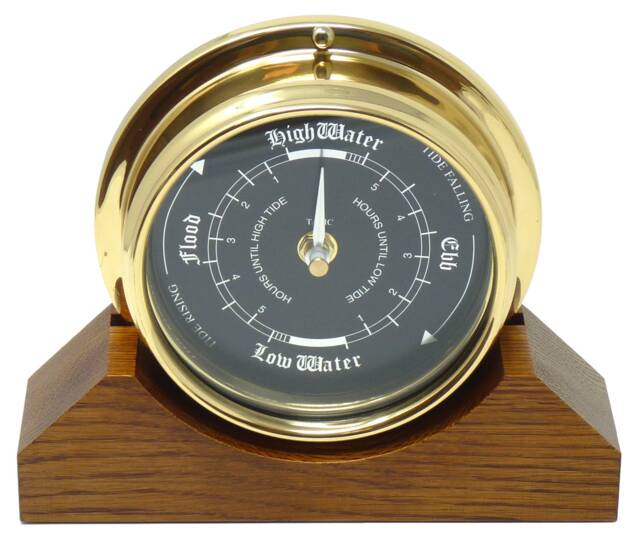 Handmade Prestige Tide Clock in Solid Brass With A Jet Black Dial, Mounted On Solid English Oak Mantel/Display Mount - image 1