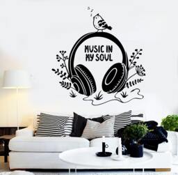 Wall Vinyl Music in My Soul Bird Headphones Notes Flower Decal Mural Art 1566Dz - thumbnail 1