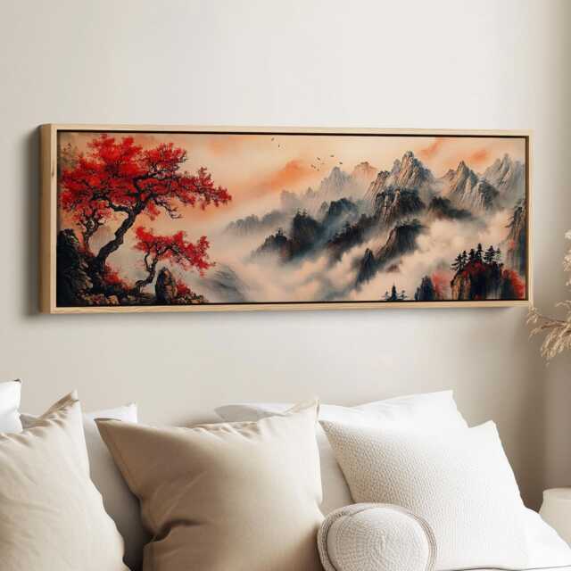 Horizontal Mountain Landscape Wall Art Red Tree Misty Peaks Panoramic Canvas Print For Living Room Bedroom Above Bed - image 1