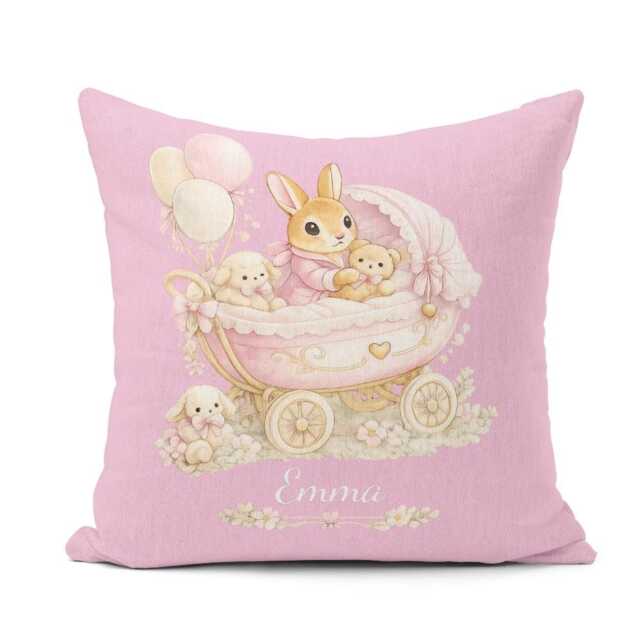 Personalised Name Pink Bunny Cushion Custom Colour Rabbit Pram Pillow Baby Shower Gift New Mum Keepsake Nursery Decor Cute Cosy Present - image 1