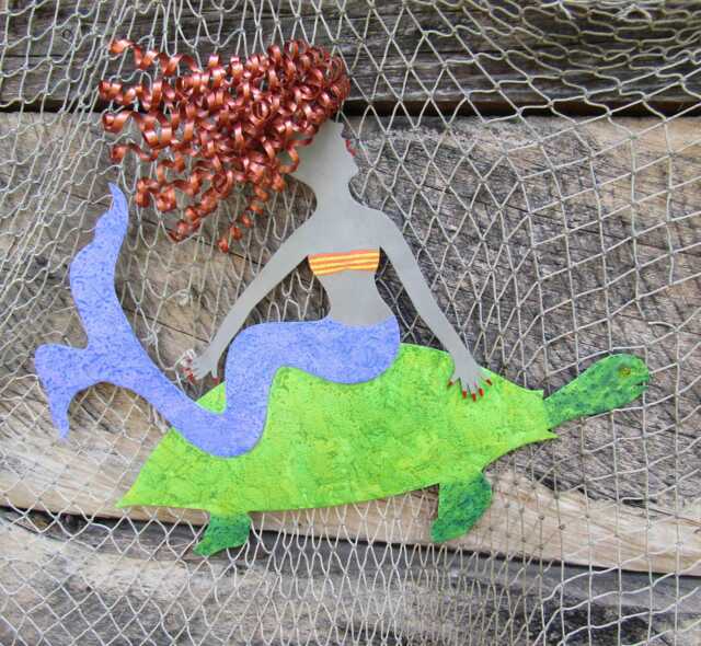Metal Mermaid Riding Turtle Wall Art Coastal Beach House Decor - image 1