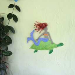 Metal Mermaid Riding Turtle Wall Art Coastal Beach House Decor - thumbnail 3