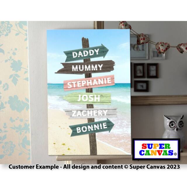 Family Wooden Street Sign Post With Names Beach Picture Wall Art Framed Canvas Print Friend Mum Dad Husband Wife Grandparent Birthday Gift - image 1