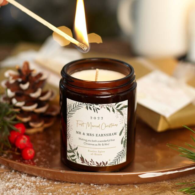 Personalised First Married Christmas Candle Botanical Wreath, Soy Wax - image 1