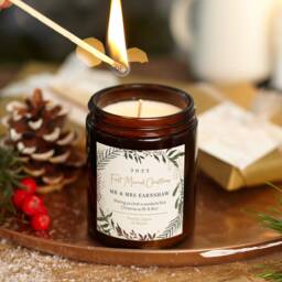 Personalised First Married Christmas Candle Botanical Wreath, Soy Wax