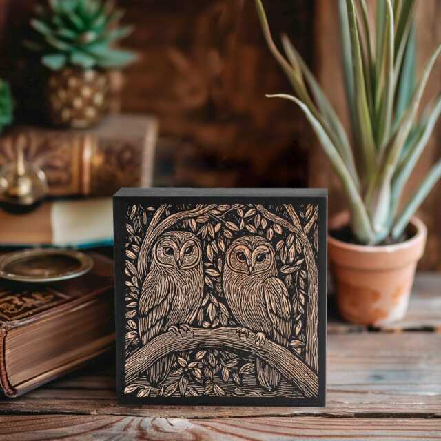 Barn Owl Couple Engraved Birch Wood Panel - Block Print Style Woodland Wall Art, Forest Cabin Nature Decor, Farmhouse Gift - image 1