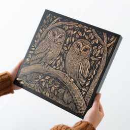 Barn Owl Couple Engraved Birch Wood Panel - Block Print Style Woodland Wall Art, Forest Cabin Nature Decor, Farmhouse Gift - thumbnail 3