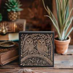 Barn Owl Couple Engraved Birch Wood Panel - Block Print Style Woodland Wall Art, Forest Cabin Nature Decor, Farmhouse Gift - thumbnail 1