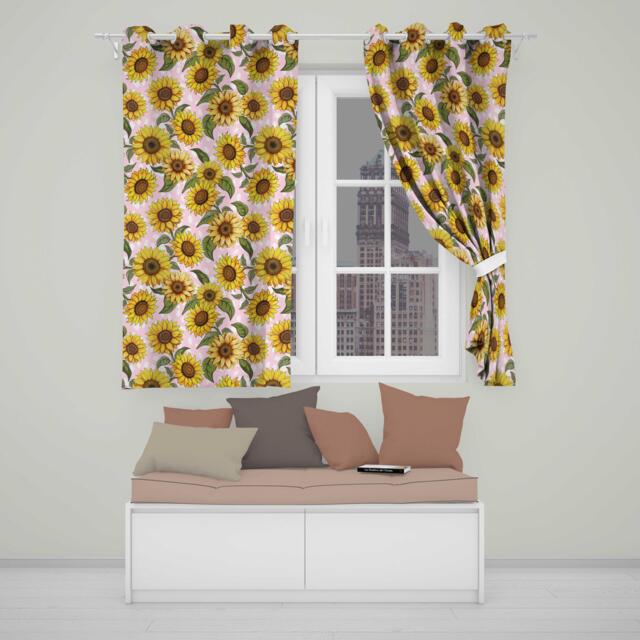 Bright Yellow Sunflower Floral Seamless Pattern Blush Dot Background Readymade Eyelet Ring Top Thermal 100% Blackout Curtains - image 1