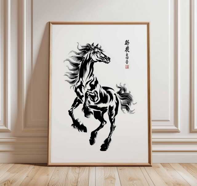 Chinese Horse Poster - Black Ink Calligraphy Wall Art, Traditional Asian Brush Painting, Bold Galloping Artwork For Home Decor - image 1