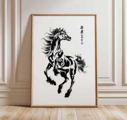Chinese Horse Poster - Black Ink Calligraphy Wall Art, Traditional Asian Brush Painting, Bold Galloping Artwork For Home Decor - thumbnail 1