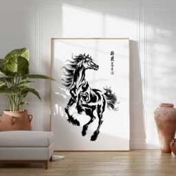 Chinese Horse Poster - Black Ink Calligraphy Wall Art, Traditional Asian Brush Painting, Bold Galloping Artwork For Home Decor - thumbnail 3