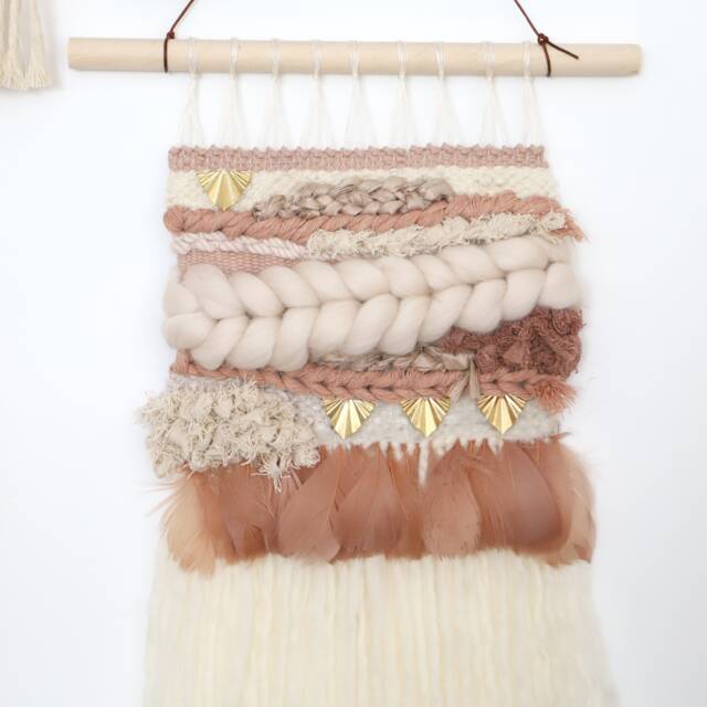 Blush Feather Weaving Wall Hanging Raw Brass Boho Decor - image 1