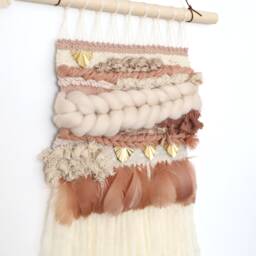 Blush Feather Weaving Wall Hanging Raw Brass Boho Decor - thumbnail 2