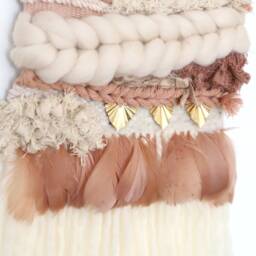 Blush Feather Weaving Wall Hanging Raw Brass Boho Decor - thumbnail 4