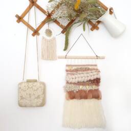 Blush Feather Weaving Wall Hanging Raw Brass Boho Decor - thumbnail 3