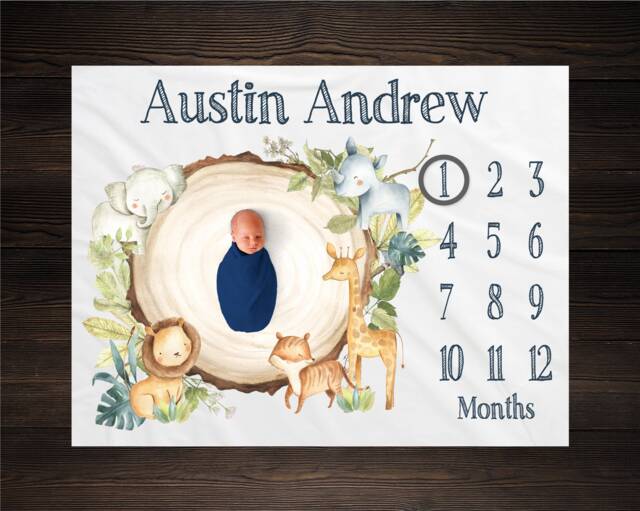 Safari Milestone Blanket Personalized Month Jungle Baby New Growth Photo Prop Shower Gift Bm16 - image 1