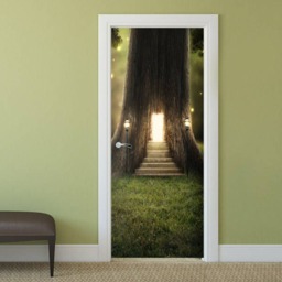 Tree in Forest Wall Decal, Door Sticker, Nature Wallpaper, Glowing Light Mural, Living Room Bedroom Home Decor - thumbnail 2