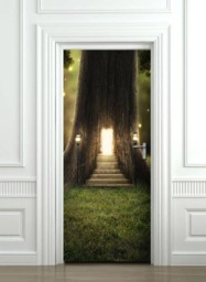 Tree in Forest Wall Decal, Door Sticker, Nature Wallpaper, Glowing Light Mural, Living Room Bedroom Home Decor - thumbnail 1
