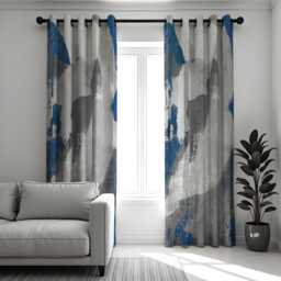 Grey & Blue Abstract Curtains, Modern Artistic Brushstroke Drapes, Contemporary Window Panels, Custom Sizes Eyelet Or Rod Pocket Options