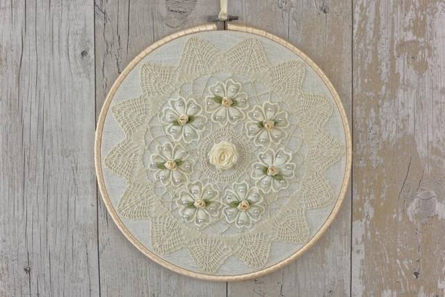 Lace Embroidery Hoop Art Cream Floral Wall Decor - image 1
