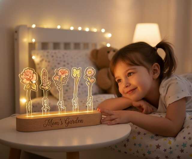 Personalized Birth Flower Night Light, Custom Family Lamp, Beech Wood Base, Rgb Led Light - image 1
