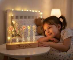 Personalized Birth Flower Night Light, Custom Family Lamp, Beech Wood Base, Rgb Led Light