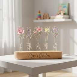 Personalized Birth Flower Night Light, Custom Family Lamp, Beech Wood Base, Rgb Led Light - thumbnail 2