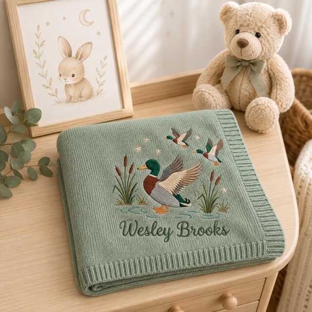 Personalized Mallard Duck Embroidered Baby Blanket, Custom Name Woodland Nursery Gift, Shower Keepsake, Newborn Gift