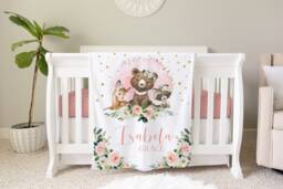 Woodland Personalized Baby Name Blanket Floral Gift Custom Coming Home Bear Hospital Shower New Mom - thumbnail 1