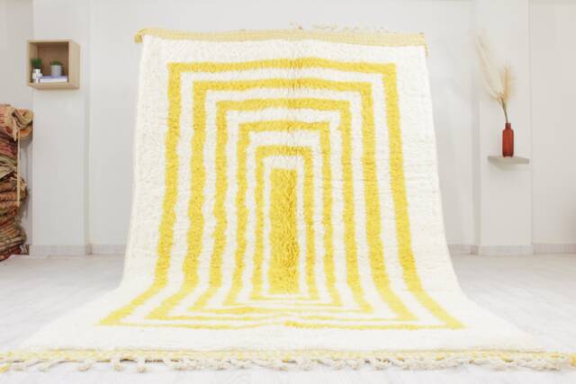 Moroccan Yellow Rug, Abstract & White Carpet, Minimalist Beniourain Genuine Wool Rug - image 1