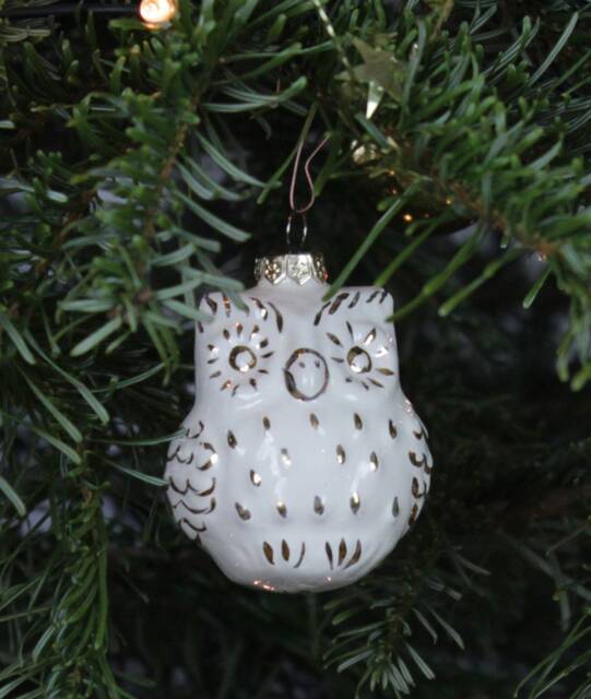 xmas Owl Ornament - Handmade White Ceramic Delfts Blue Or Gold Painted Christmas Tree Decoration Owl Slim + Round - image 1