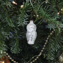 xmas Owl Ornament - Handmade White Ceramic Delfts Blue Or Gold Painted Christmas Tree Decoration Owl Slim + Round - thumbnail 2