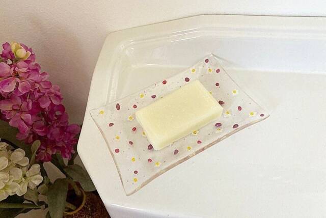 Handmade Pink Daisy Design Glass Soap Dish - image 1