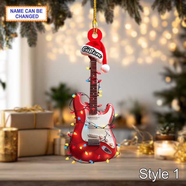 Musical Electric Guitar Acrylic 2D Flat Christmas Ornament, Festive Tree Hanging Holiday Decoration, Unique Guitar Musical Xmas Gift - image 1