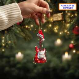 Musical Electric Guitar Acrylic 2D Flat Christmas Ornament, Festive Tree Hanging Holiday Decoration, Unique Guitar Musical Xmas Gift - thumbnail 3