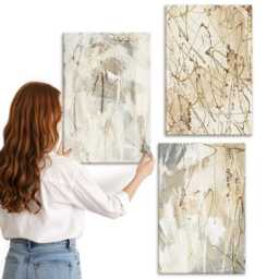Canvas Wall Art Set Of 3 - Patterns in Shades Beige & Gray, Yellow Art, Abstract Decor - thumbnail 2