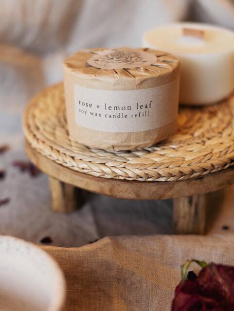 Rose & Lemon Leaf Refill, Botanical Soy Wax Candle Wood Wick, Stoneware Candle, Eco Friendly Gift, Mum Gift - image 1